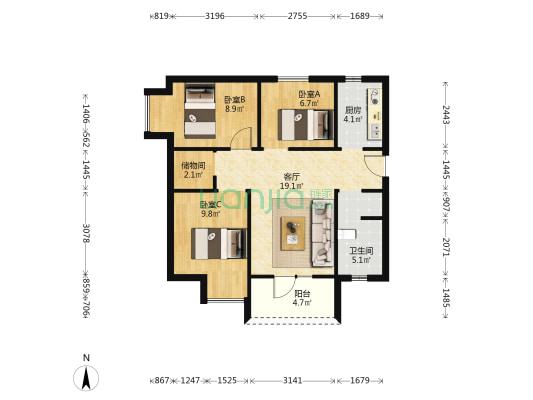 罗七人家 3室1厅1卫 82平方