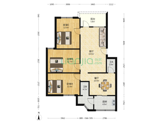 麦地路10-21号 3室2厅2卫 88平方