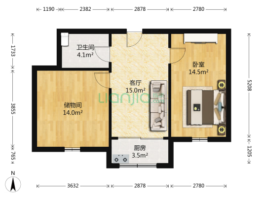 黄金沁园 1室1厅1卫 62平方
