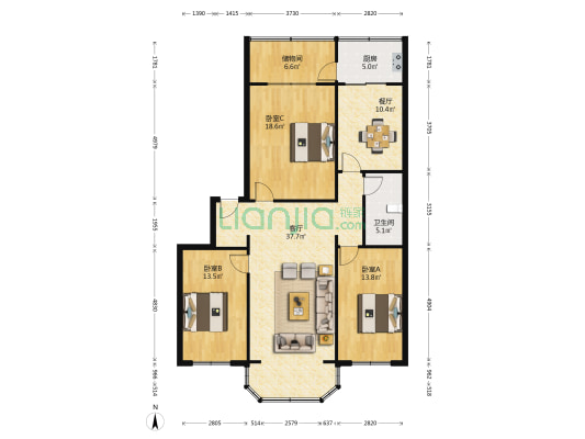 二塑综合楼 3室2厅1卫 135平方