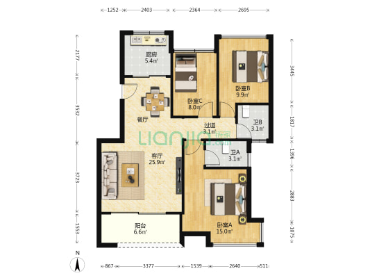 盘龙湾 3室1厅2卫 91平方