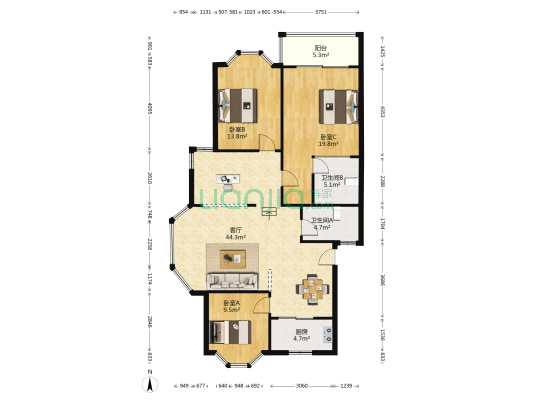 富欧罗兰公寓 3室1厅2卫 125平方