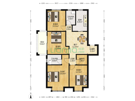 中海玄武公馆C区 4室1厅2卫 124平方