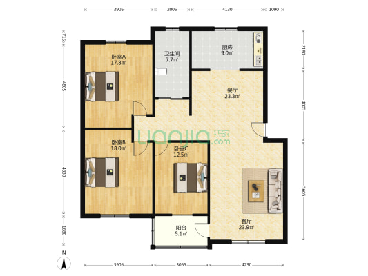 阳光花园 3室2厅1卫 143平方