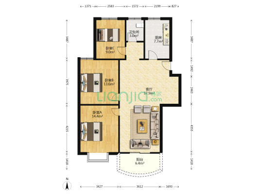 好运锦绣年华 3室1厅1卫 107平方