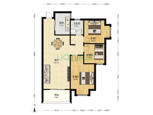 林旺家园 3室1厅1卫 90平方
