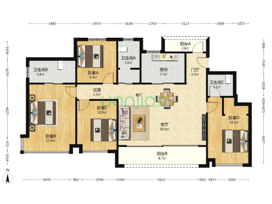 陆港海心湾 4室1厅3卫 143平方