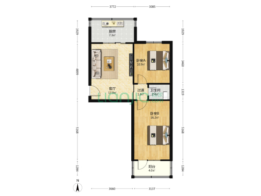 东方社区102街坊 2室1厅1卫 60平方