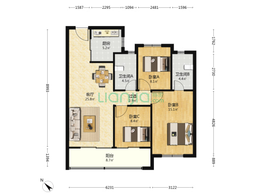 龙湖天璞 3室1厅2卫 104平方