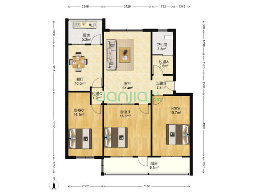 物资局宿舍 3室2厅1卫 120平方