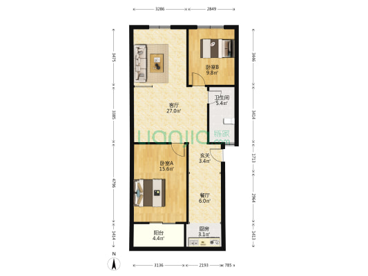 百大公寓 2室2厅1卫 85平方