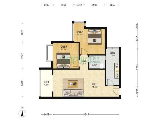 海宇祥光瑞光 2室1厅1卫 82平方