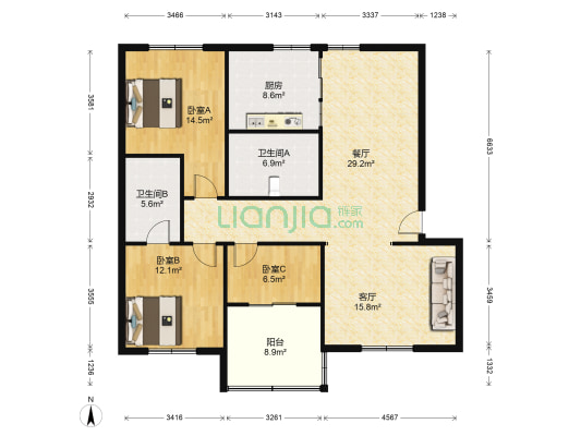中创开元山庄 3室2厅2卫 103平方