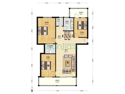 麦丰楼 3室2厅2卫 126平方
