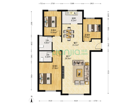 天海容天下 3室2厅2卫 133平方