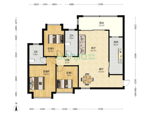 恒大文化旅游城19组团 3室2厅2卫 133平方