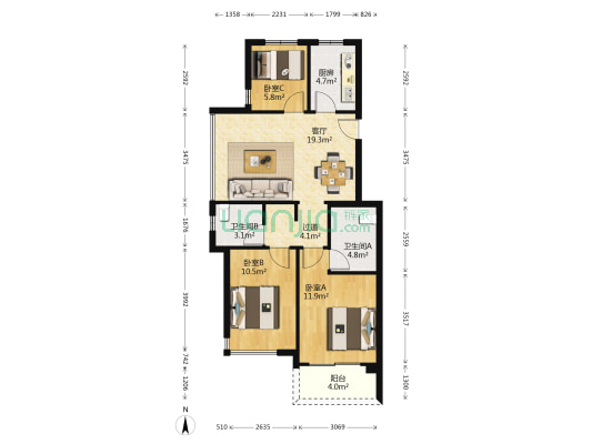 融创望海潮公寓 3室1厅2卫 89平方