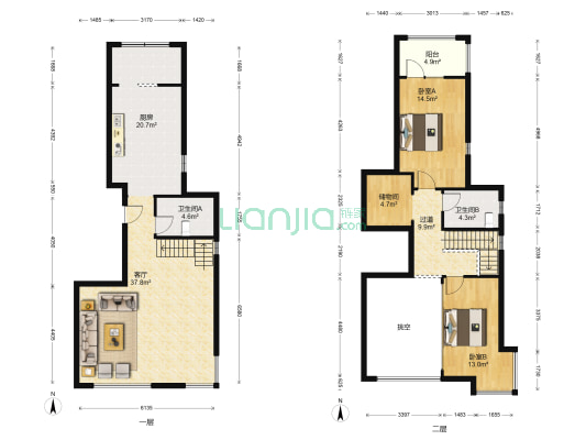龙鸿怡家 2室1厅2卫 95平方
