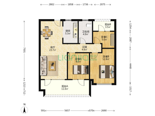 新城玺樾门第 3室1厅1卫 104平方