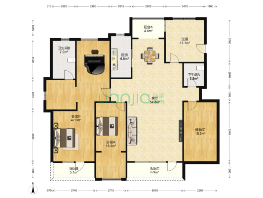 听雨观澜M区 2室1厅2卫 185平方
