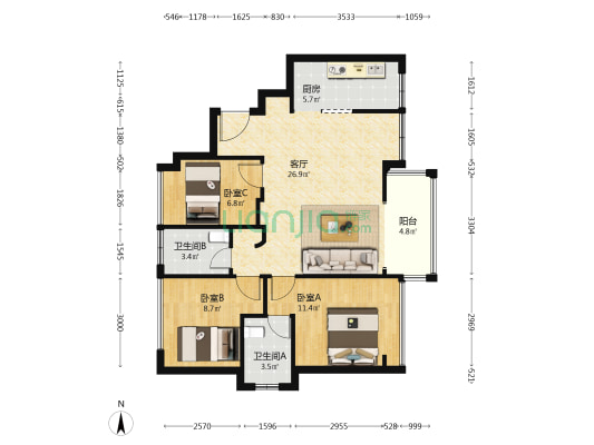华侨城湖岸 3室1厅2卫 89平方