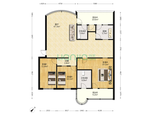 琼山中行宿舍 3室1厅2卫 110平方