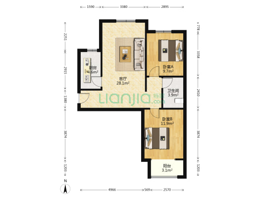 绿朗时光 2室1厅1卫 88平方