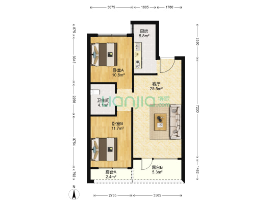 融创城四期 2室1厅1卫 85平方