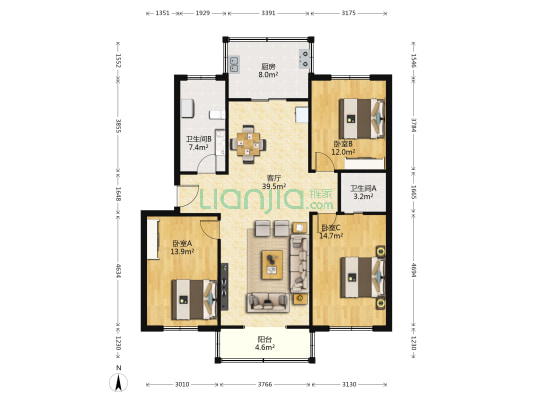 裕农公寓 3室1厅2卫 126平方