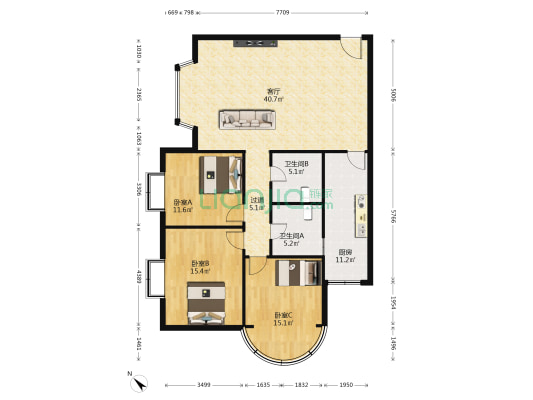 东方大厦 3室1厅2卫 140平方