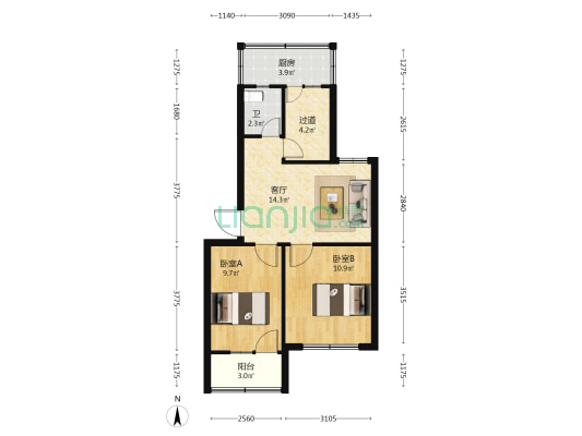 北关小区中区 2室1厅1卫 68平方