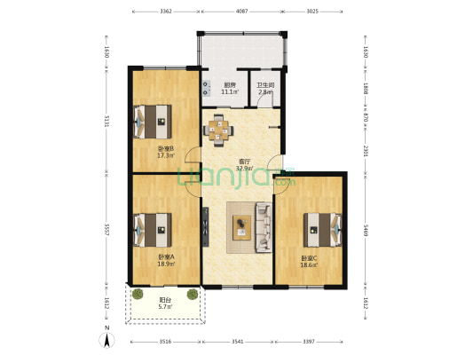 西北街12号 3室1厅1卫 117平方