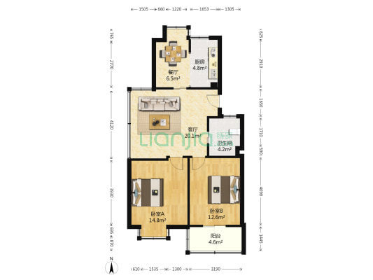 高风苑东区 2室2厅1卫 80平方