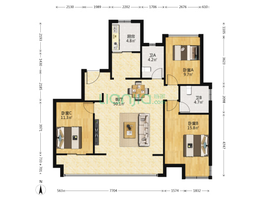名仕雅苑 3室1厅2卫 129平方