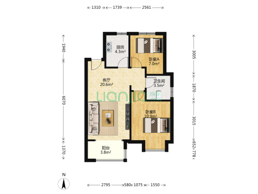 绿地IFC中央公馆B11区 2室1厅1卫 77平方