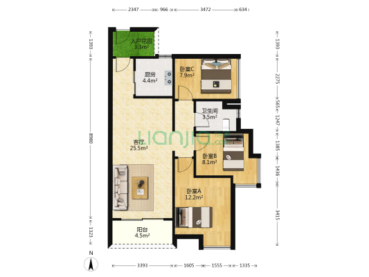 晴海岸 3室1厅1卫 88平方