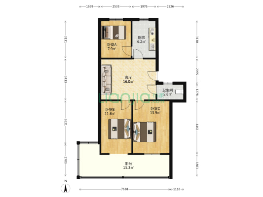 二里井村 3室1厅1卫 75平方