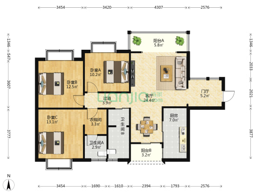 金海广场 3室1厅2卫 122平方
