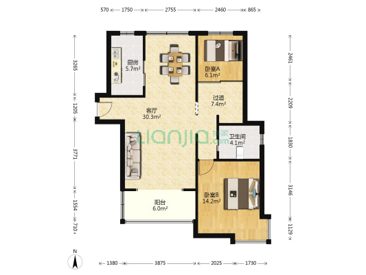 阳光城市家园 2室1厅1卫 93平方