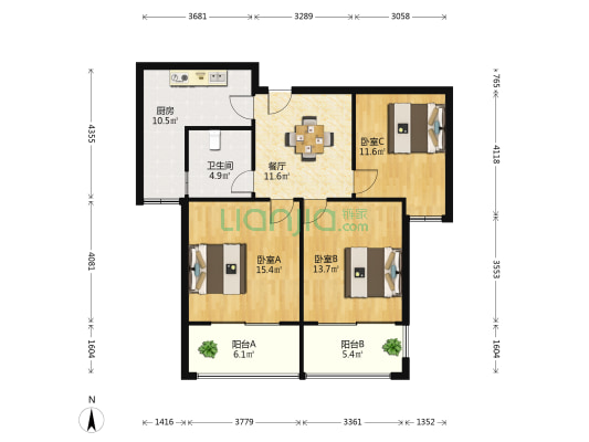 花苑新村城市广场 3室1厅1卫 108平方