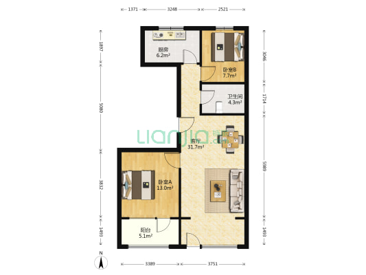 中航绿城理想城百合花园 2室1厅1卫 94平方