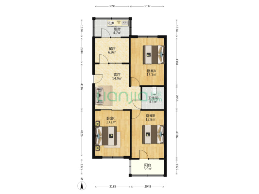 经纬楼小区 3室2厅1卫 92平方
