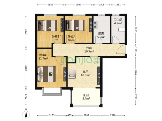 翰林国际城孔园 3室1厅1卫 96平方