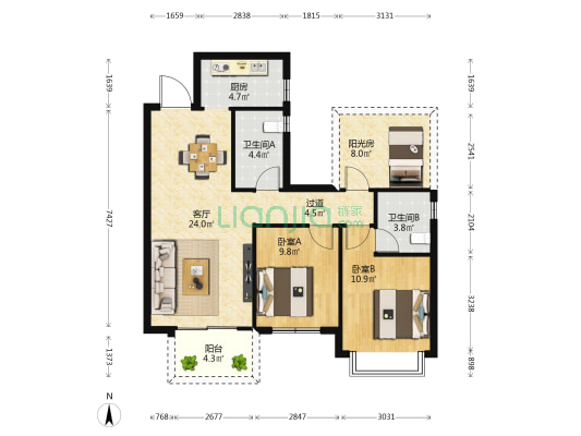 龙湖春江天越 2室1厅2卫 87平方