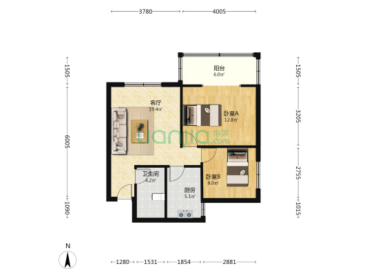 中间南北街，中医院北，方正两居-户型图