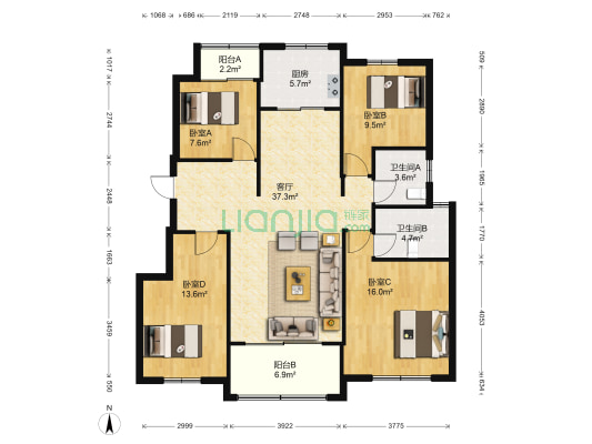 鑫海国宾府 4室1厅2卫 126平方