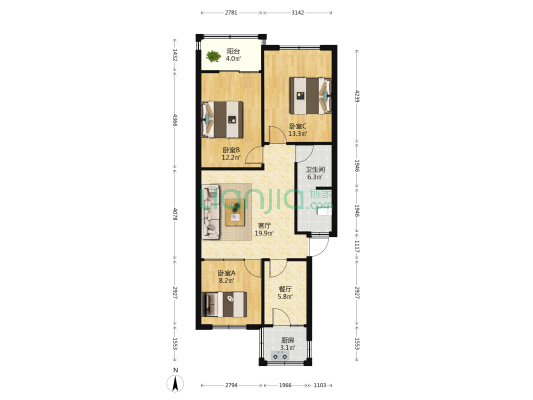 七一八所社区 3室2厅1卫 85平方