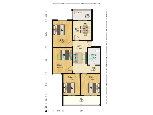宏泰公寓 4室2厅1卫 117平方