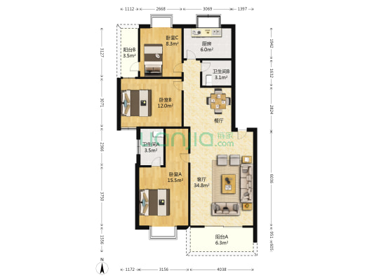 嘉达花园二区 3室1厅2卫 116平方