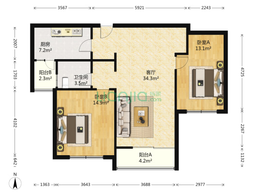 澜调国际 2室1厅1卫 102平方